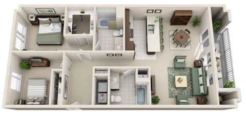 Floor plan for 2 beds, 2 baths, 1071 sqft