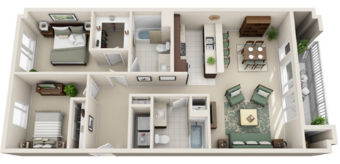 Floor plan for 2 beds, 2 baths, 1071 sqft