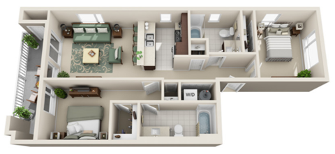 Floor plan for 2 beds, 2 baths, 830 sqft