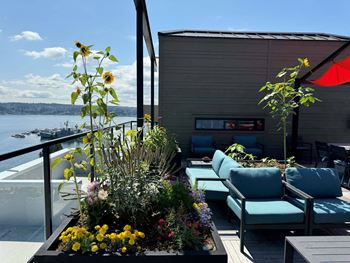 A balcony with a table, chairs and a planter with flowers.