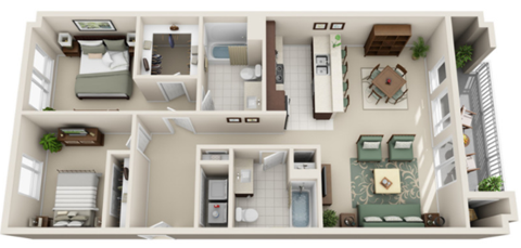 Floor plan for 2 beds, 2 baths, 1071 sqft