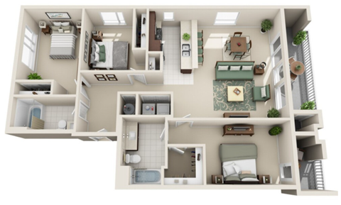 Floor plan for 3 beds, 2 baths, 1242 sqft
