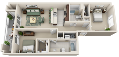 Floor plan for 2 beds, 2 baths, 892 sqft
