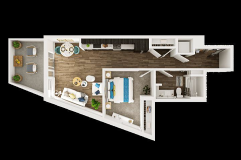 Floor plan for 1 bed, 1 bath, 708 sqft