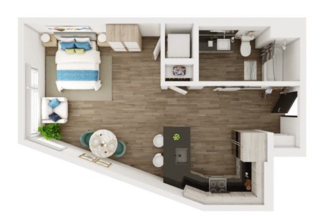 Floor plan for studio, 1 bath, 577 sqft