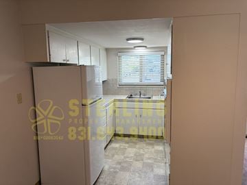 Monterey apartment for rent - A kitchen area with a refrigerator and a sink.