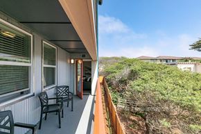 Marina apartment for rent - two pictures of a balcony with chairs and a patio