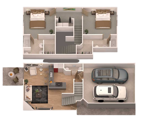 Floor plan for 2 beds, 2.5 baths, 1120 sqft