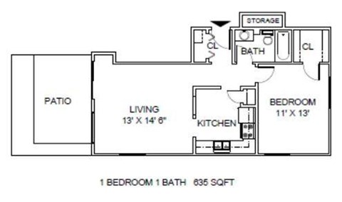 Floor plan for 1 bed, 1 bath, 635 sqft