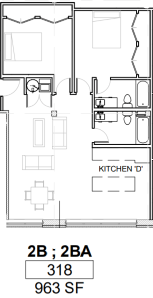 Floor plan for 2 beds, 2 baths