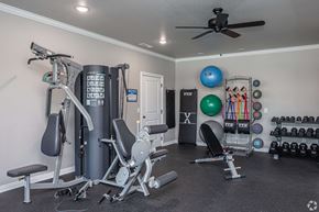 Springdale townhouse for rent - A home gym with a variety of equipment including a treadmill, weights, and a ceiling fan.