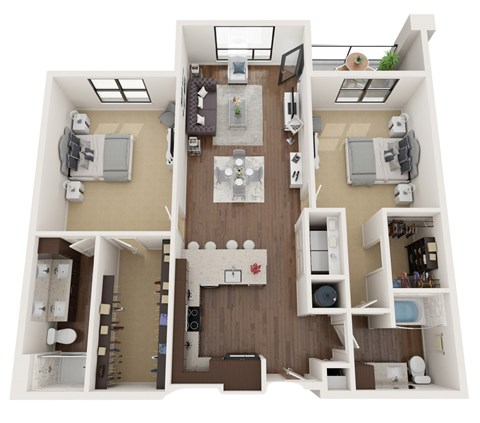 Floor plan for 2 beds, 2 baths, 1308 sqft