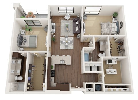 Floor plan for 3 beds, 2 baths, 1382 sqft