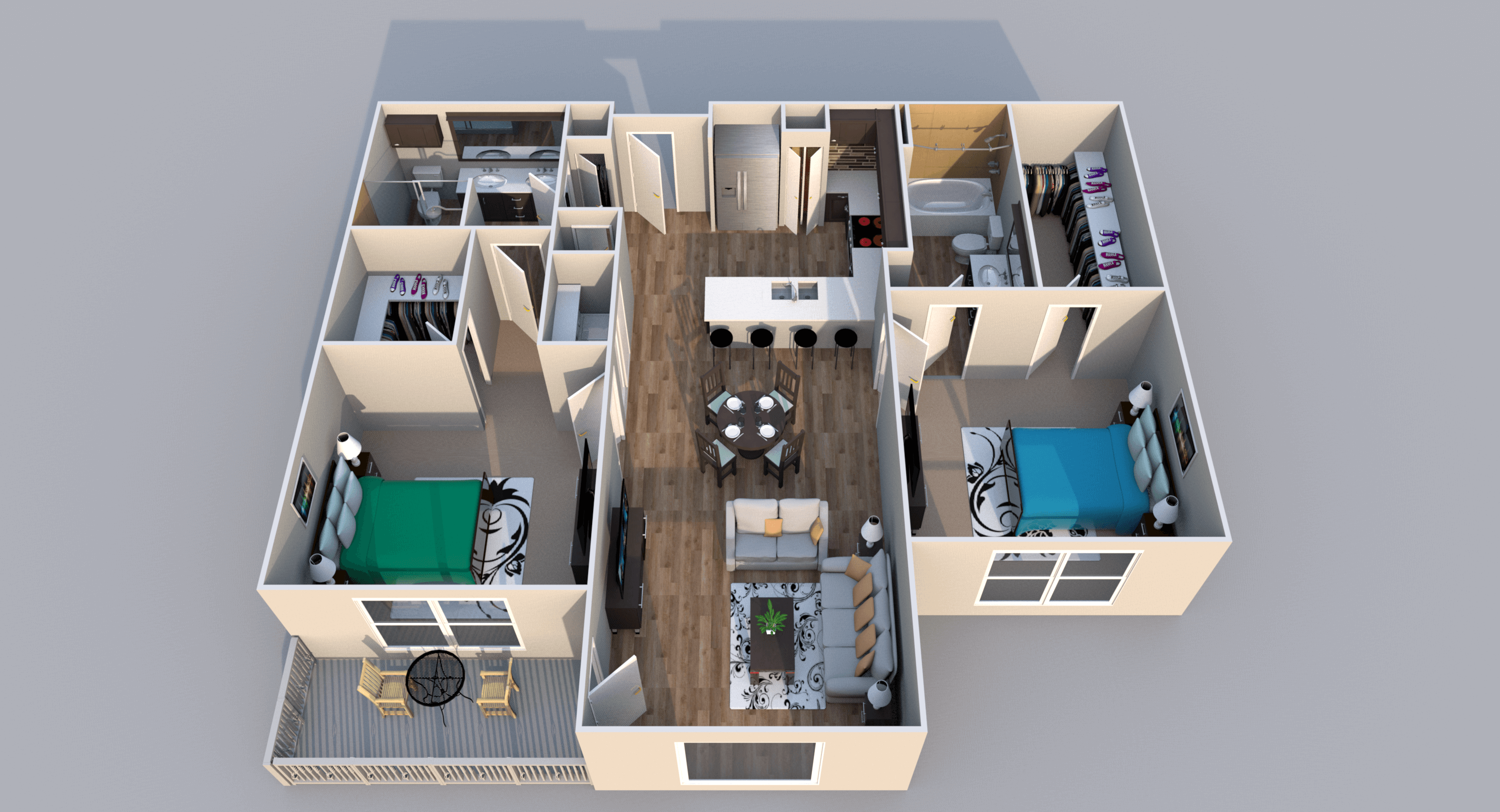 Floor plan for 2 beds, 2 baths, 1176 sqft