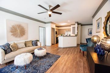 Kansas City apartment for rent - A living room with a white couch and a blue rug.