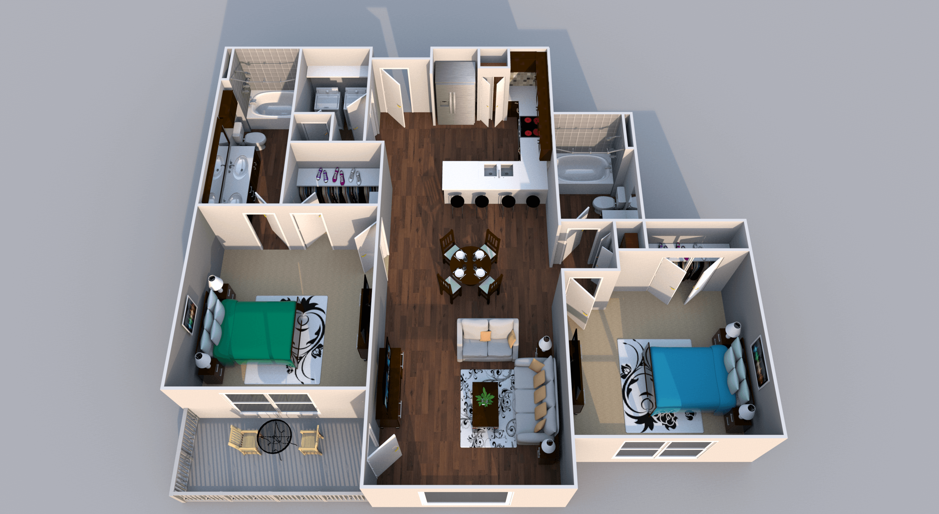 Floor plan for 2 beds, 2 baths, 1066 sqft