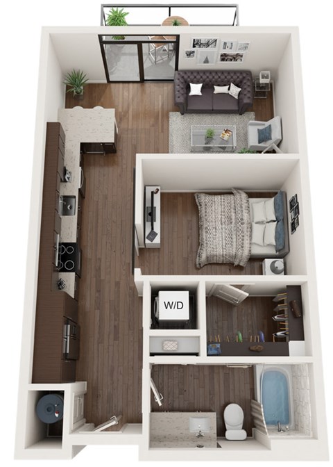 Floor plan for 1 bed, 1 bath, 640 sqft