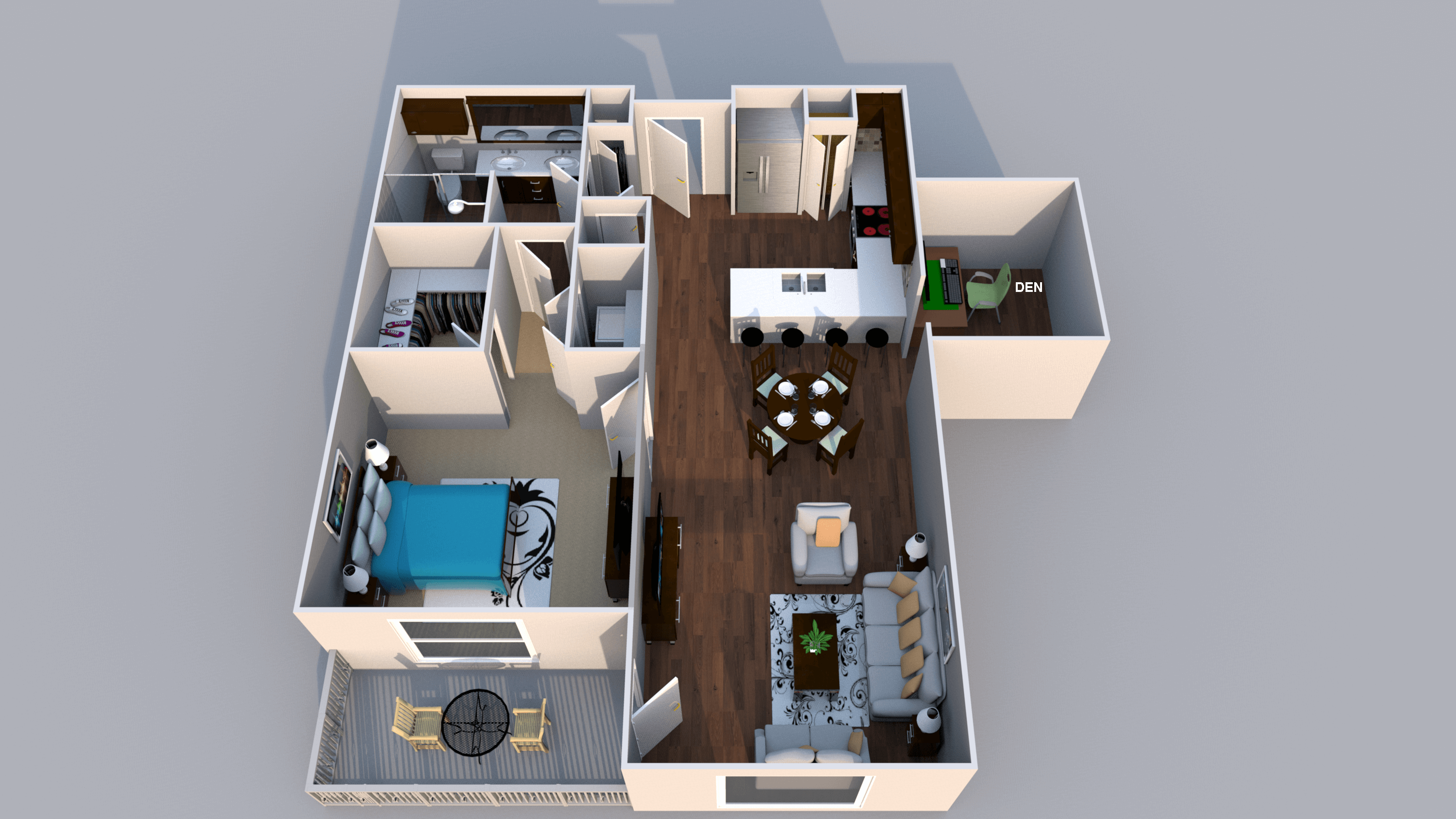 Floor plan for 1 bed, 1 bath, 874 sqft