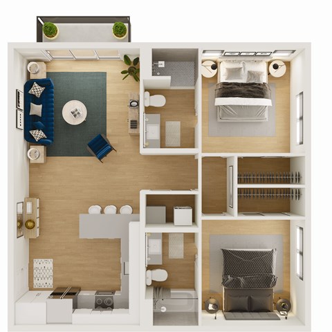 Floor plan for 2 beds, 2 baths, 976 sqft