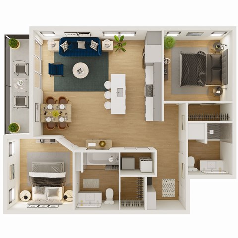 Floor plan for 2 beds, 2 baths, 1037 sqft