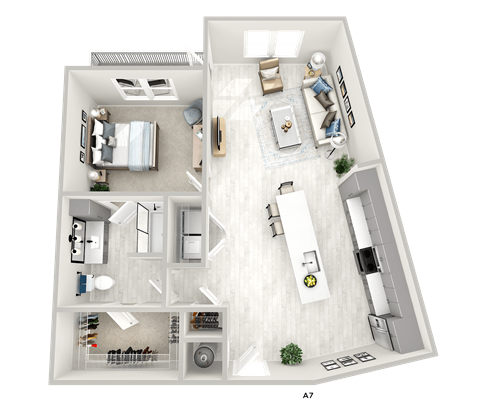 Floor plan for 1 bed, 1 bath, 917 sqft