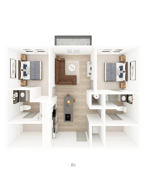 Floor plan for 2 beds, 2 baths, 955 sqft