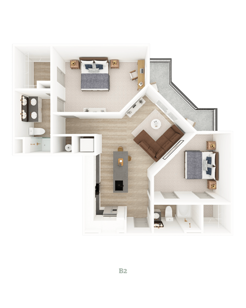 Floor plan for 2 beds, 2 baths, 1140 sqft