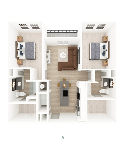 Floor plan for 2 beds, 2 baths, 1091 sqft