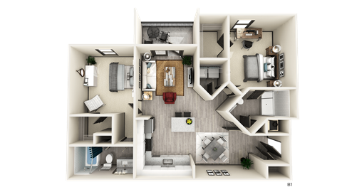 Floor plan for 2 beds, 2 baths, 1236 sqft