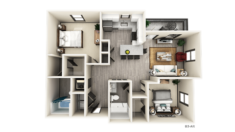 Floor plan for 2 beds, 2 baths, 1162 sqft