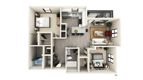 Floor plan for 2 beds, 2 baths, 1162 sqft