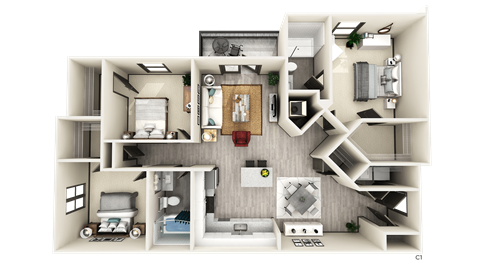 Floor plan for 3 beds, 2 baths, 1373 sqft