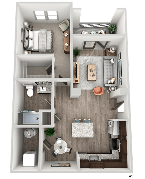 Floor plan for 1 bed, 1 bath, 740 sqft