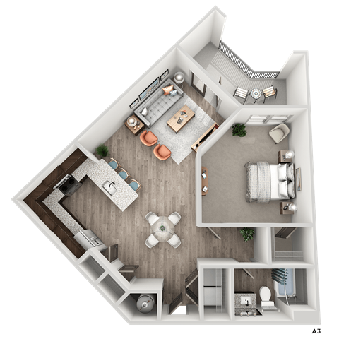 Floor plan for 1 bed, 1 bath, 873 sqft
