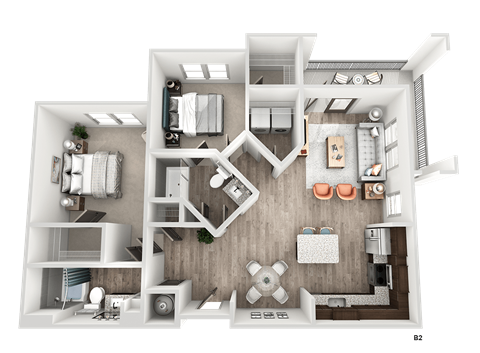 Floor plan for 2 beds, 2 baths, 1053 sqft