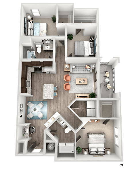 Floor plan for 3 beds, 2 baths, 1230 sqft