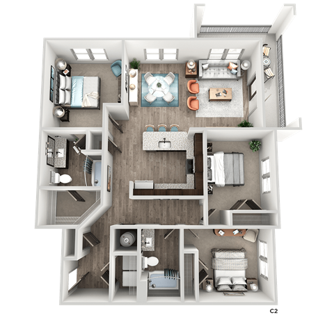 Floor plan for 3 beds, 2 baths, 1328 sqft