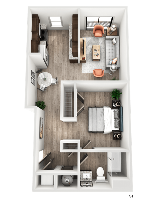Floor plan for studio, 1 bath, 622 sqft