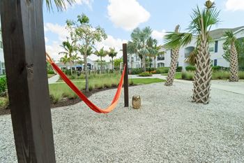 A red hammock in a gravel area with palm trees and houses in the background
