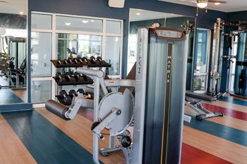 A gym with a cardio machine and weights