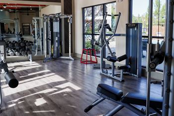 A gym with weights and cardio equipment and a large window