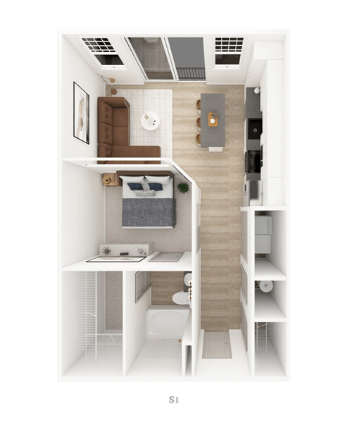 Floor plan for studio, 1 bath, 676 sqft