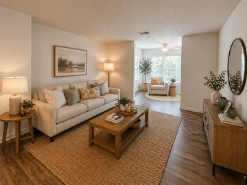 Duluth apartment for rent - A living room with a white couch, a coffee table, and a painting on the wall.