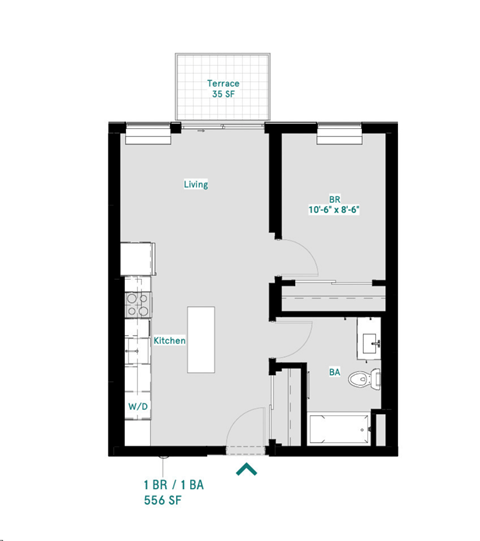 Floor plan for 1 bed, 1 bath, 556 sqft