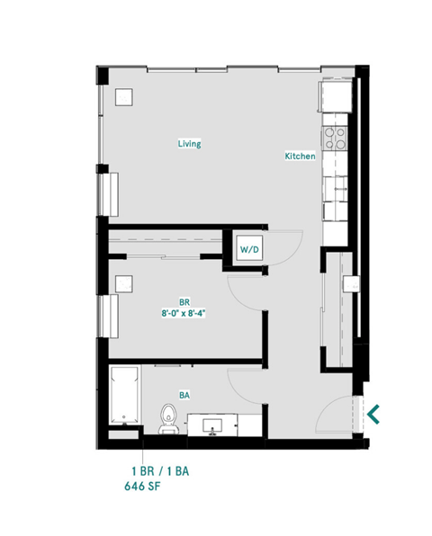 Floor plan for 1 bed, 1 bath, 646 sqft