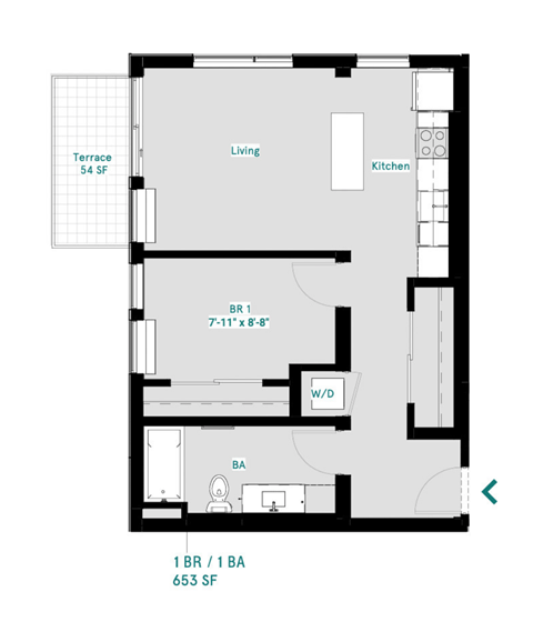 Floor plan for 1 bed, 1 bath, 679 sqft