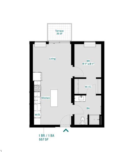 Floor plan for 1 bed, 1 bath, 557 sqft