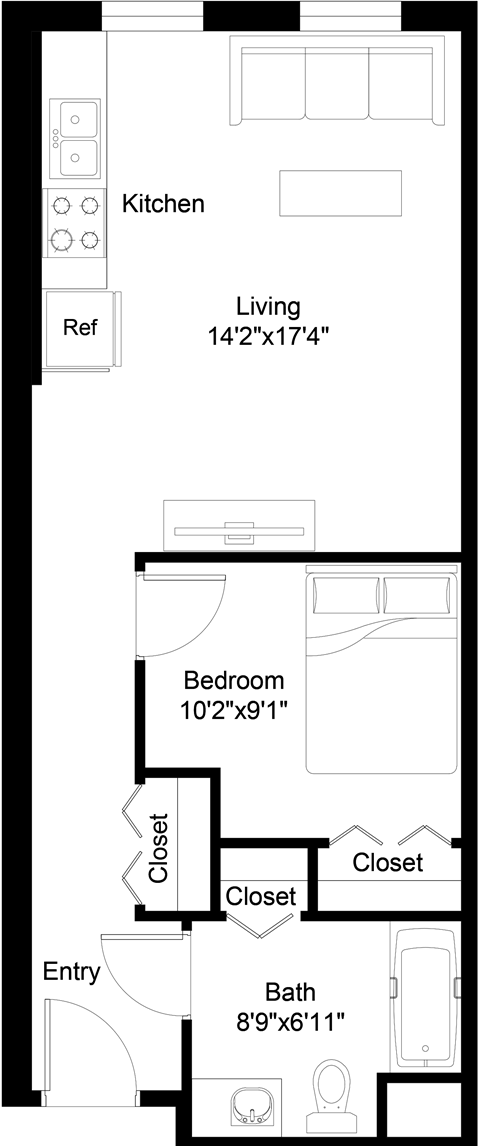 Floor plan for 1 bed, 1 bath, 523 sqft