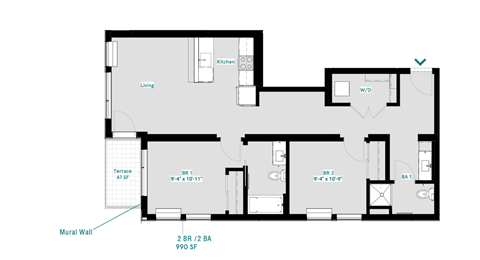 Floor plan for 2 beds, 2 baths, 1005 sqft