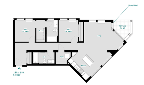 Floor plan for 2 beds, 2 baths, 1190 sqft